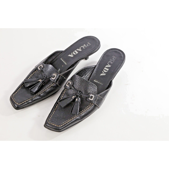 Vintage Prada Black Pebbled Leather Square Toe Mules Size 36 - Picture 5 of 14